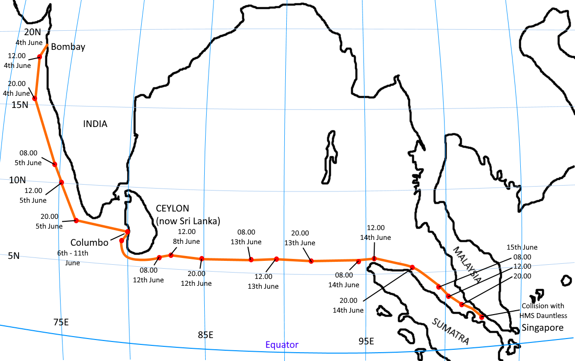 Route taken  by HMS Emerald in June 1942